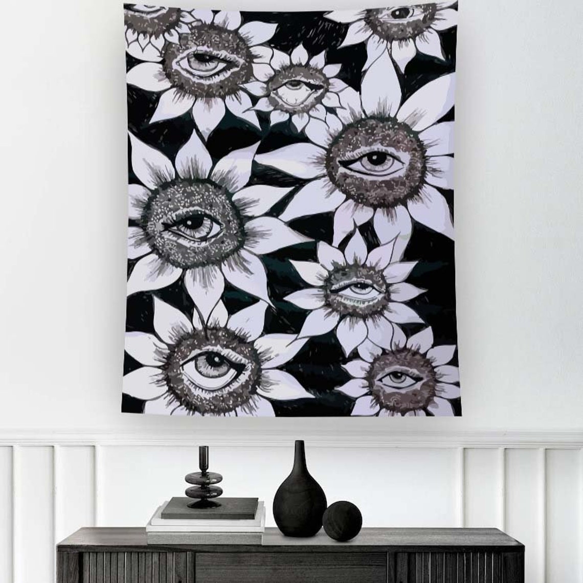 Gothic Sunflower Eyes Black White Surreal Occult Floral Poster