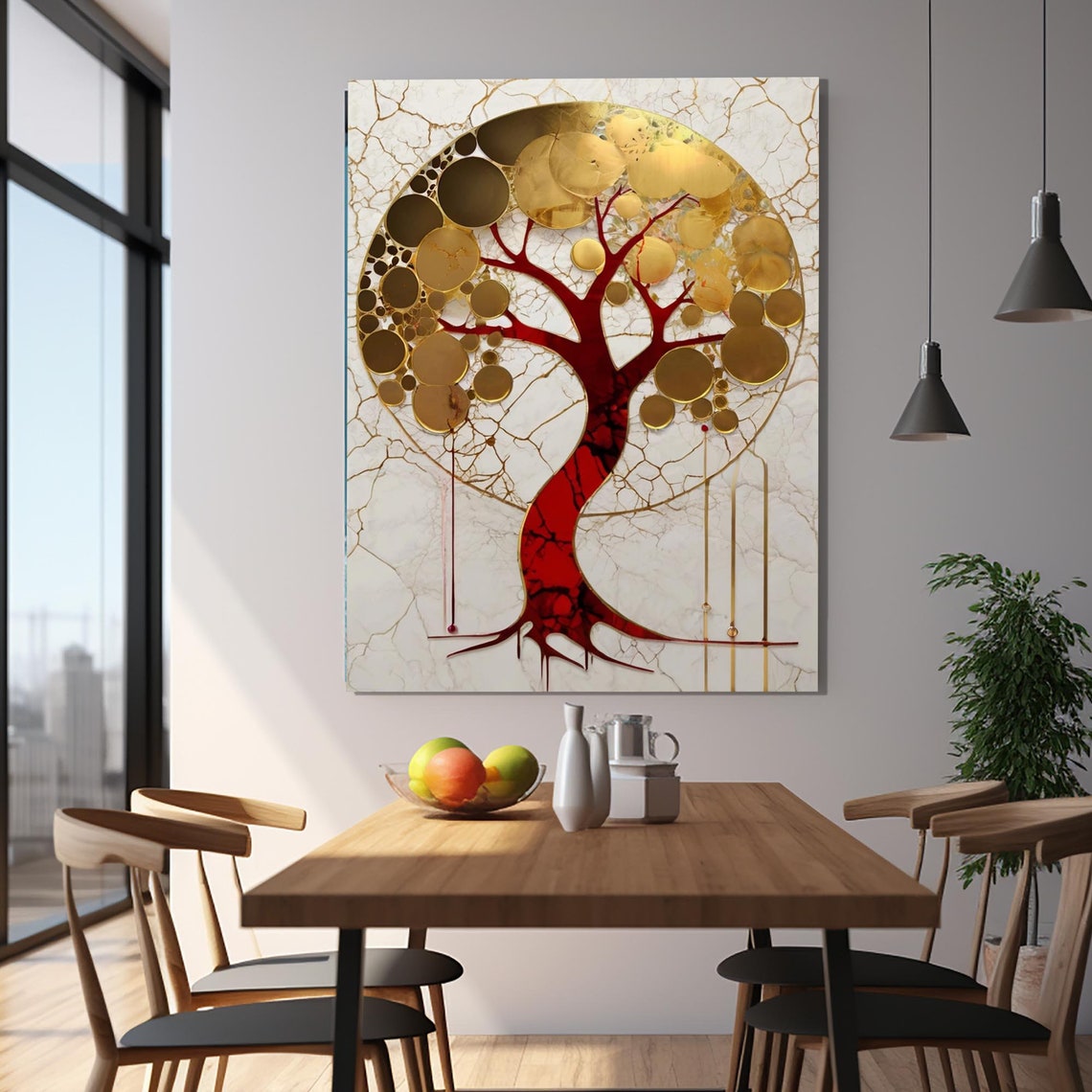 Red Gold Tree of Life Circle White Marble Elegant Wall Poster - Image 2