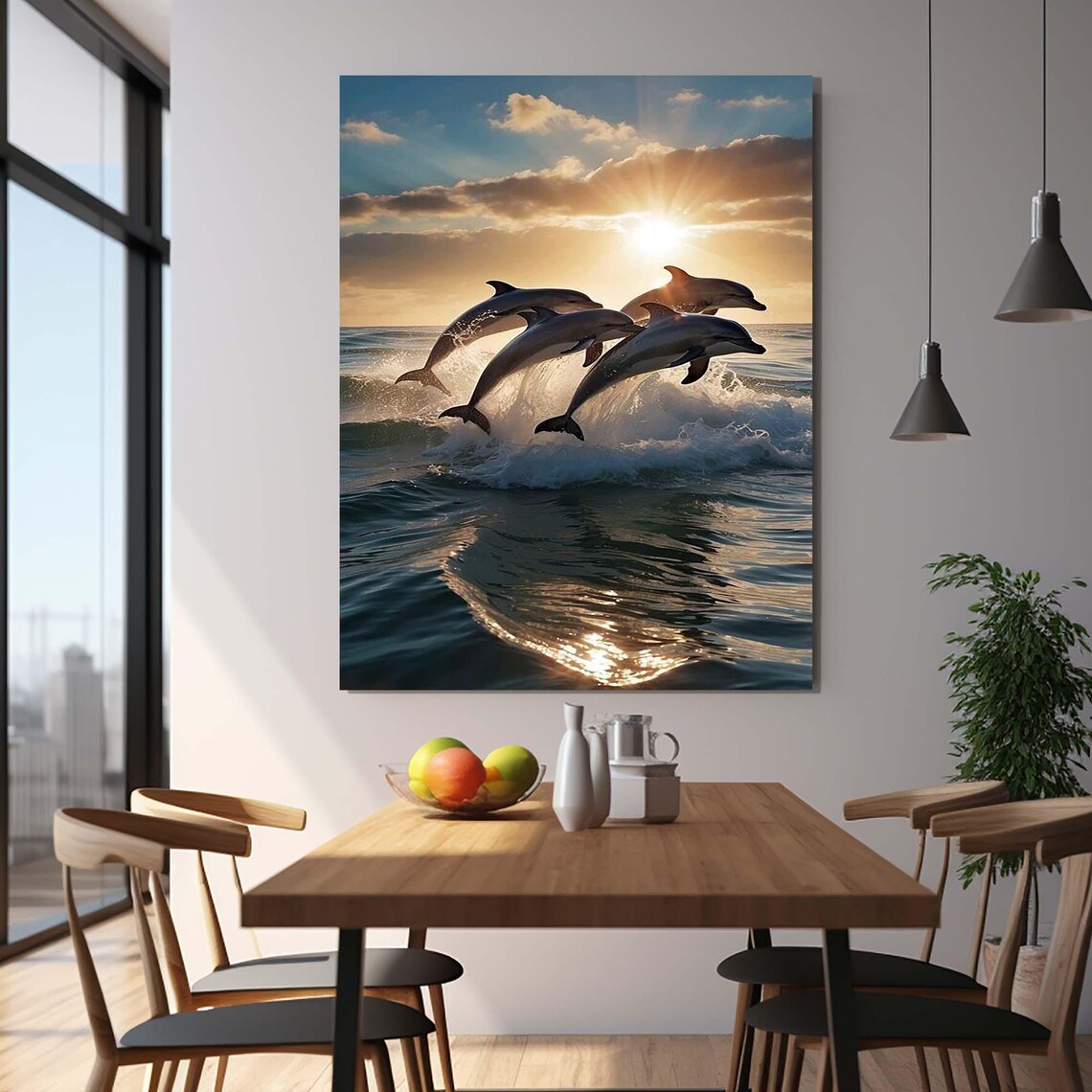 Four Dolphins Leaping Out Of Ocean Waves At Golden Sunset Wall Art - Image 2