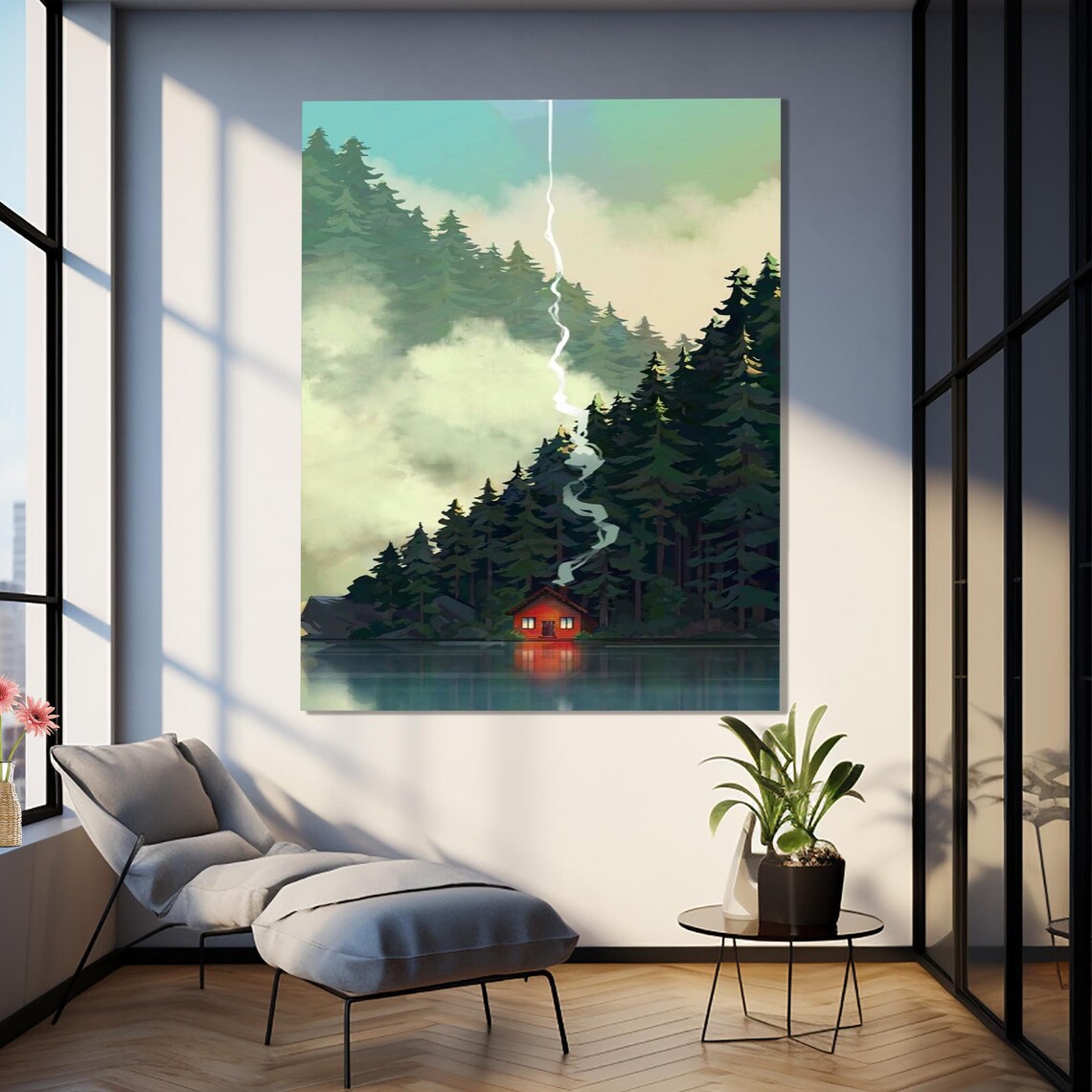 Misty Lake Red Cabin Evergreen Forest Serene Reflection Travel Poster