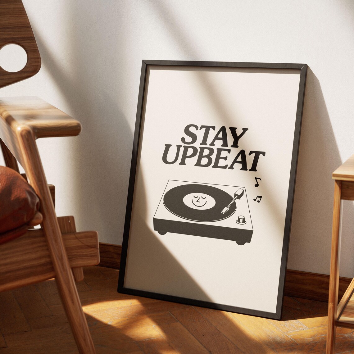 Stay Upbeat Retro Turntable Record Player Quote Poster Monochrome Art - Image 2