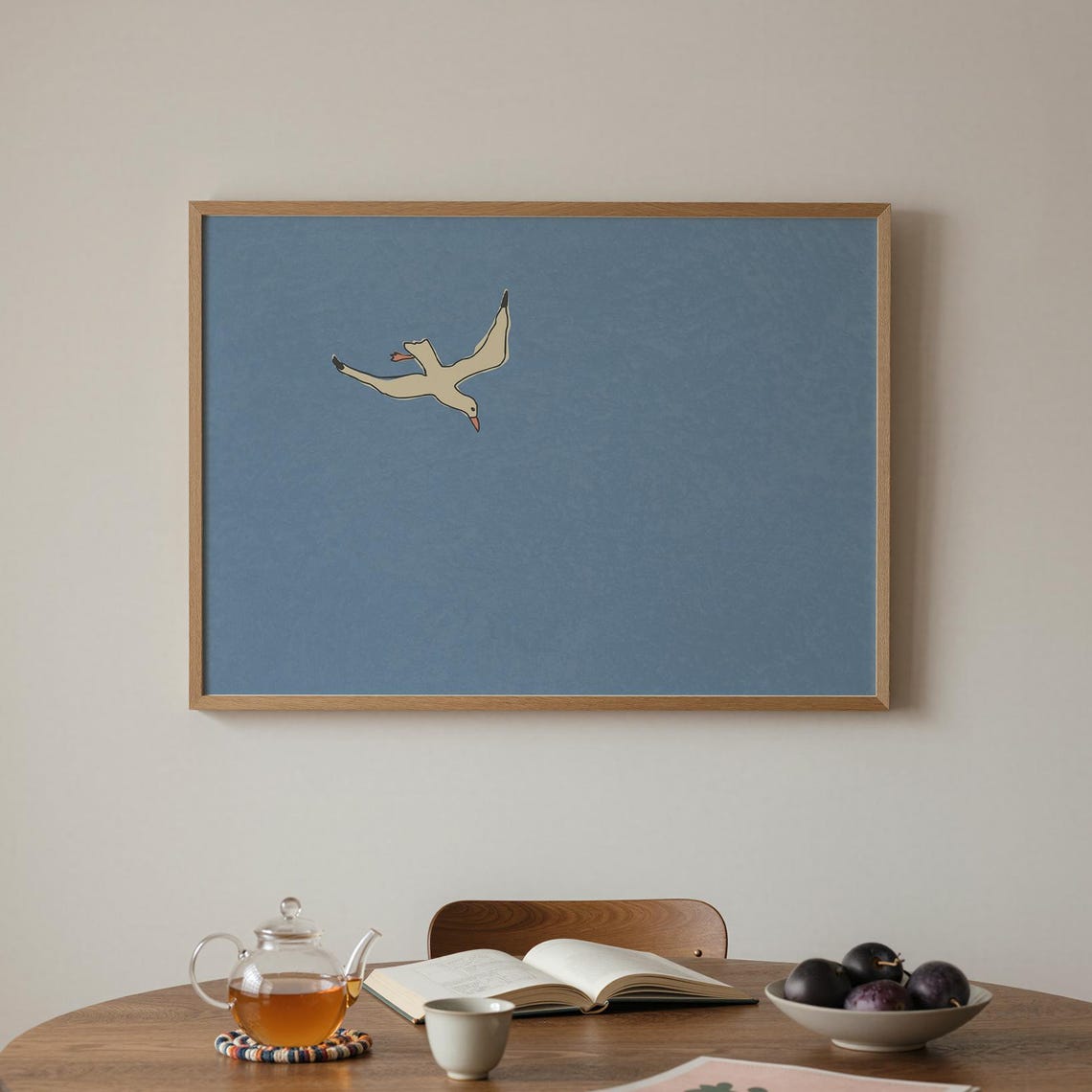 Minimalist Seagull Flying On Solid Blue Background Coastal Poster