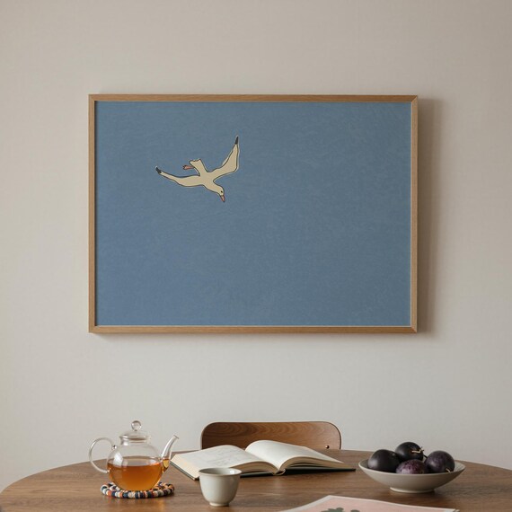 Handdrawn Seagull Print Minimalist Beach House Wall Art Modern Coastal Decor Digital Download Horizontal