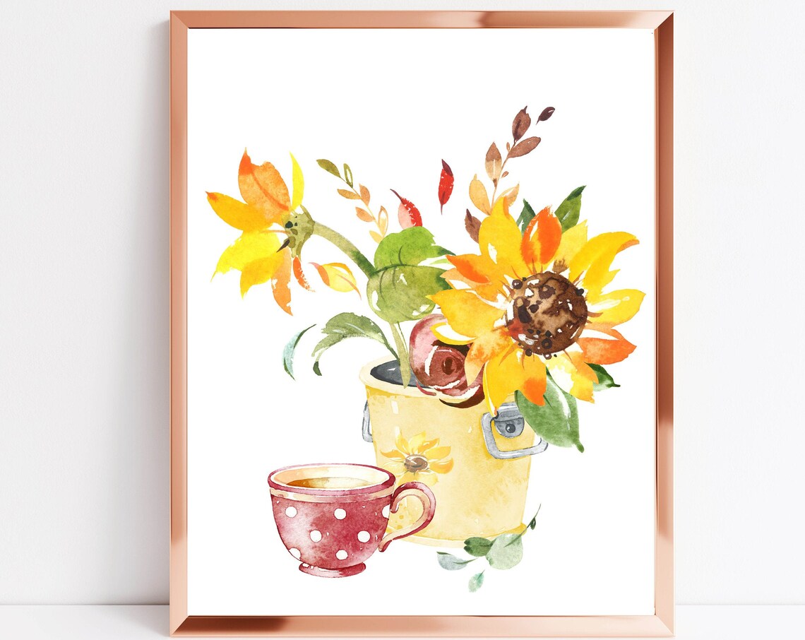 Sunflowers in Yellow Milk Can Teacup Watercolor Floral Art Print