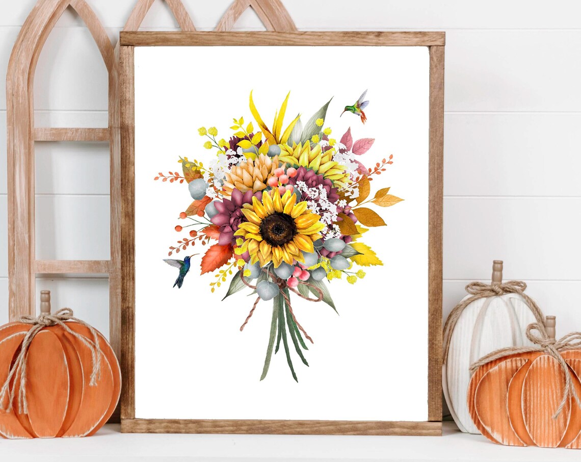 Fall Sunflower Bouquet Watercolor Hummingbirds Autumn Floral Poster