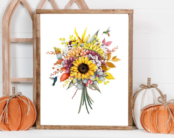 Fall Sunflower Bouquet Watercolor Hummingbirds Autumn Floral Poster