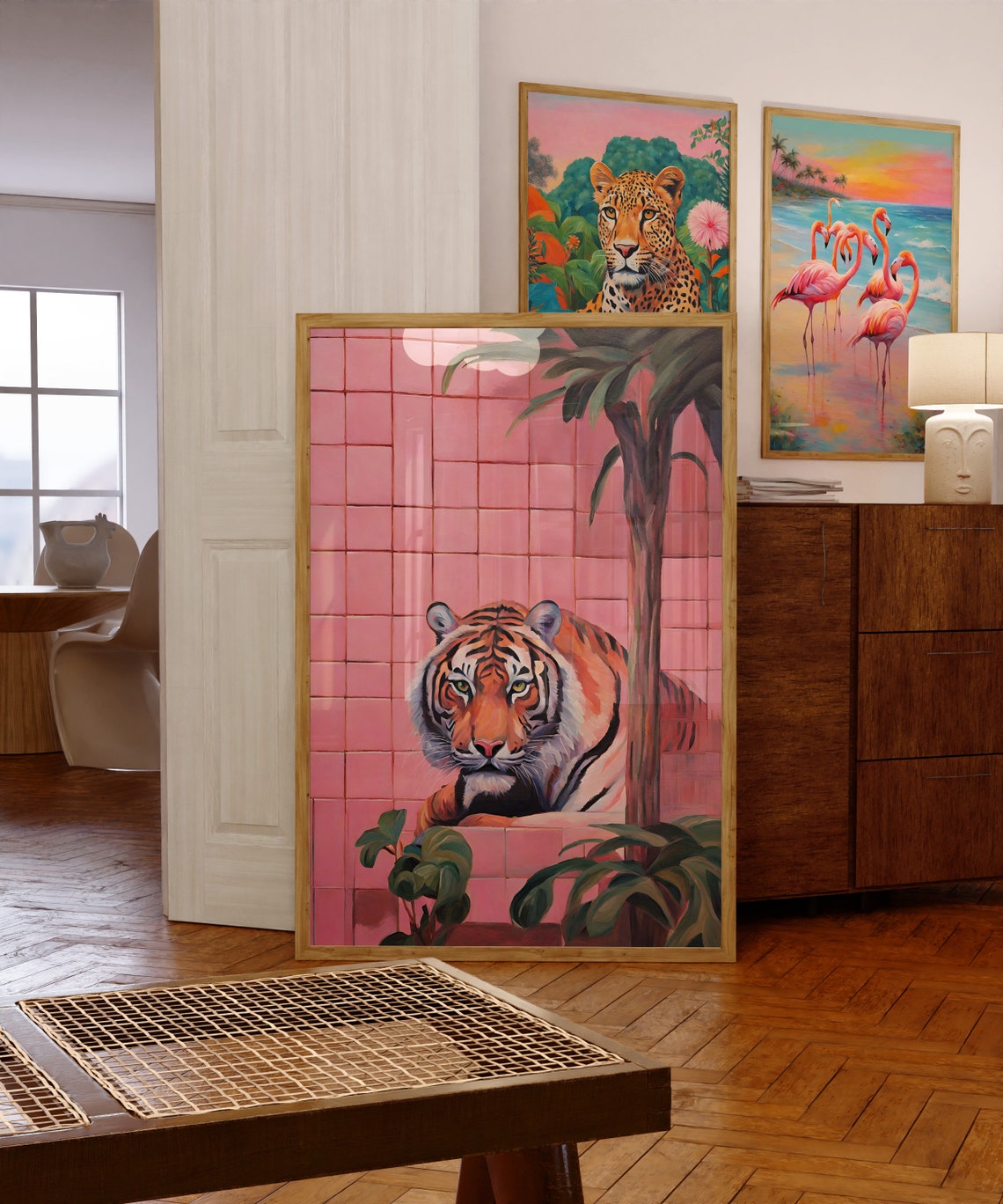 Tiger Resting By Pink Tiled Wall Maximalist Painterly Animal Poster - Image 4
