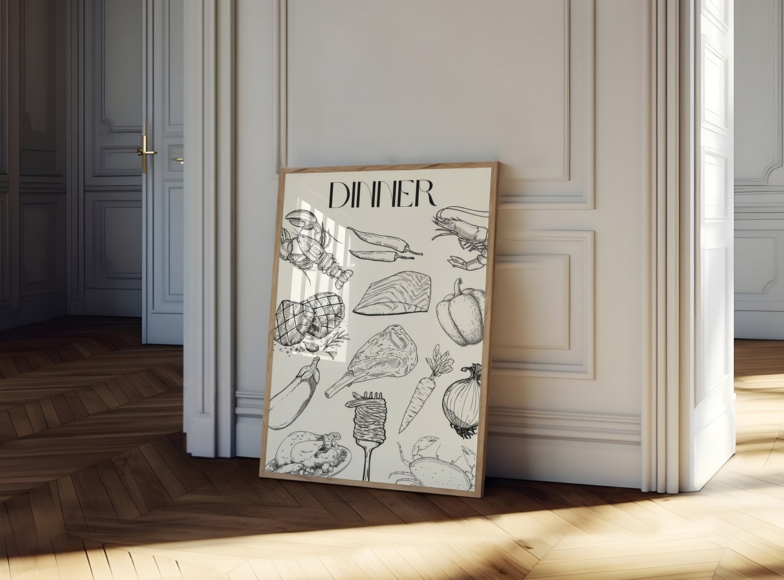 Sketch Style Dinner Ingredients Illustrated Kitchen Decor Poster - Image 2