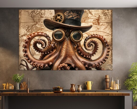 Octopus In A Hat Abstract Print Octopus Wall Art Octopus Painting Octopus Poster Kitchen Wall Decor Underwater Art