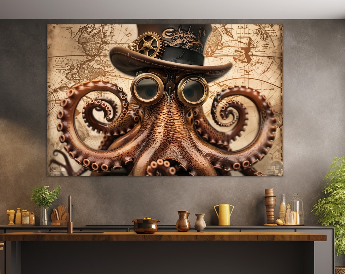 Steampunk Octopus Top Hat Goggles Vintage Map Whimsical Sea Art Poster