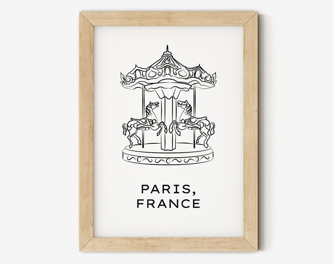 Paris France Carousel Line Art Poster Minimalist Travel Wall Decor