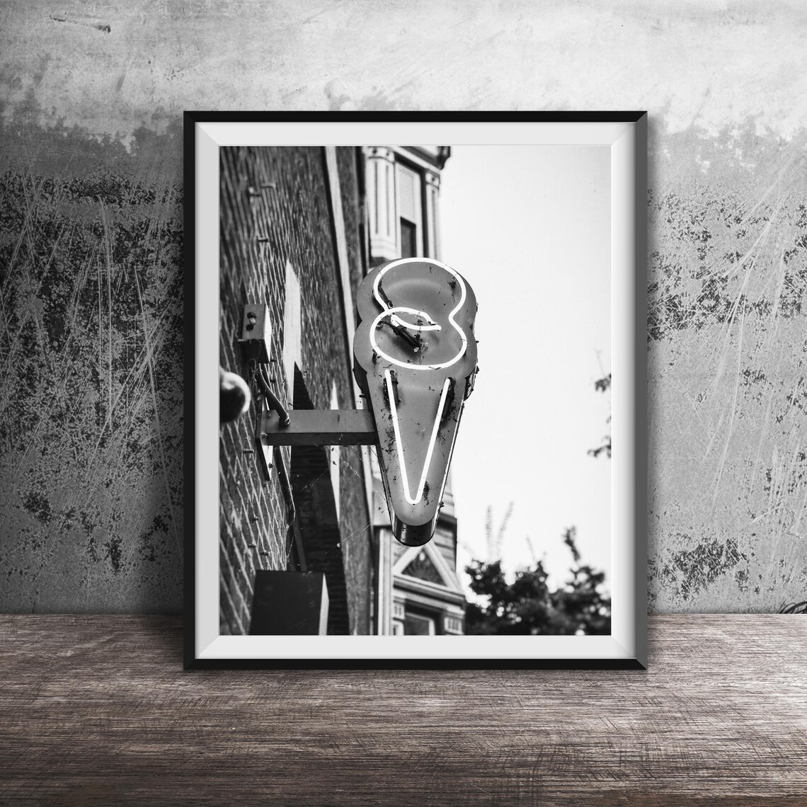 Retro Ice Cream Cone Neon Sign Black And White Photo Art Print