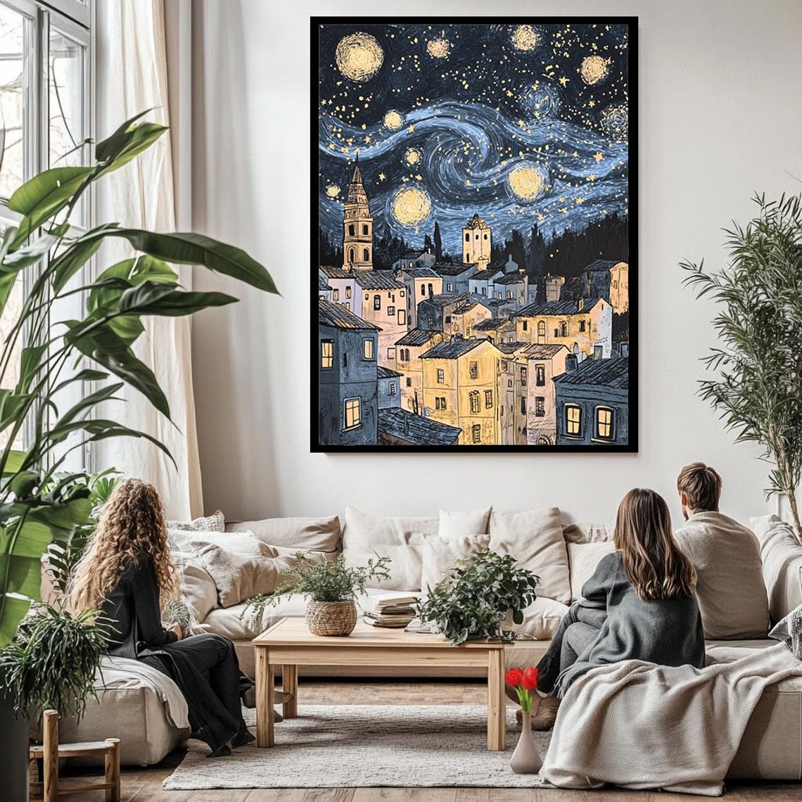 Starry Night Old Town Fantasy Townscape Van Gogh Style Art Poster - Image 3