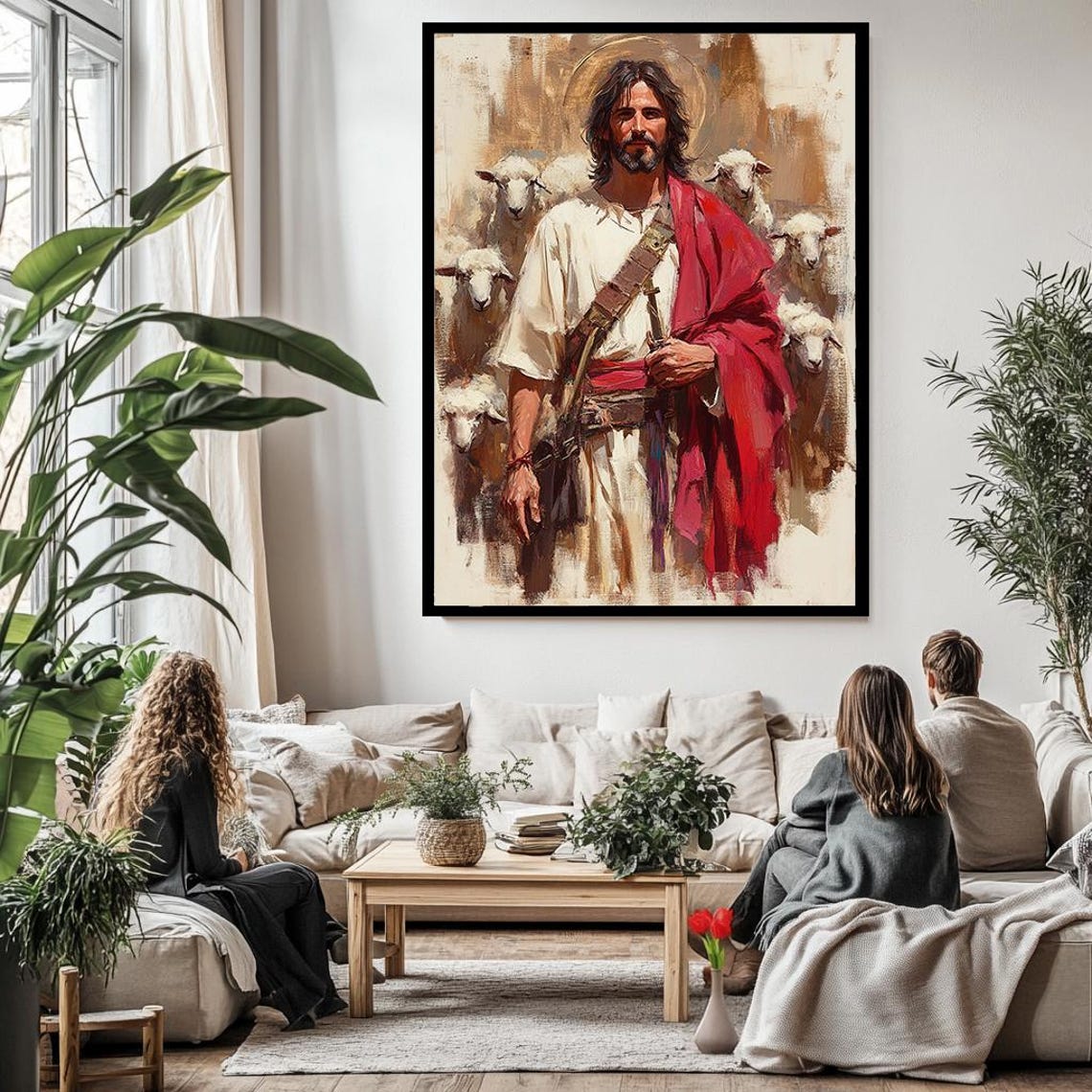Jesus Christ Good Shepherd Flock Sheep Red Robe Faith Art Wall Poster - Image 3