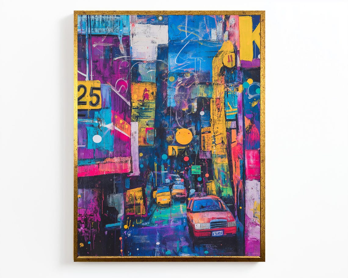 Abstract City Night Street Neon Lights Urban Traffic Art Poster - Image 4