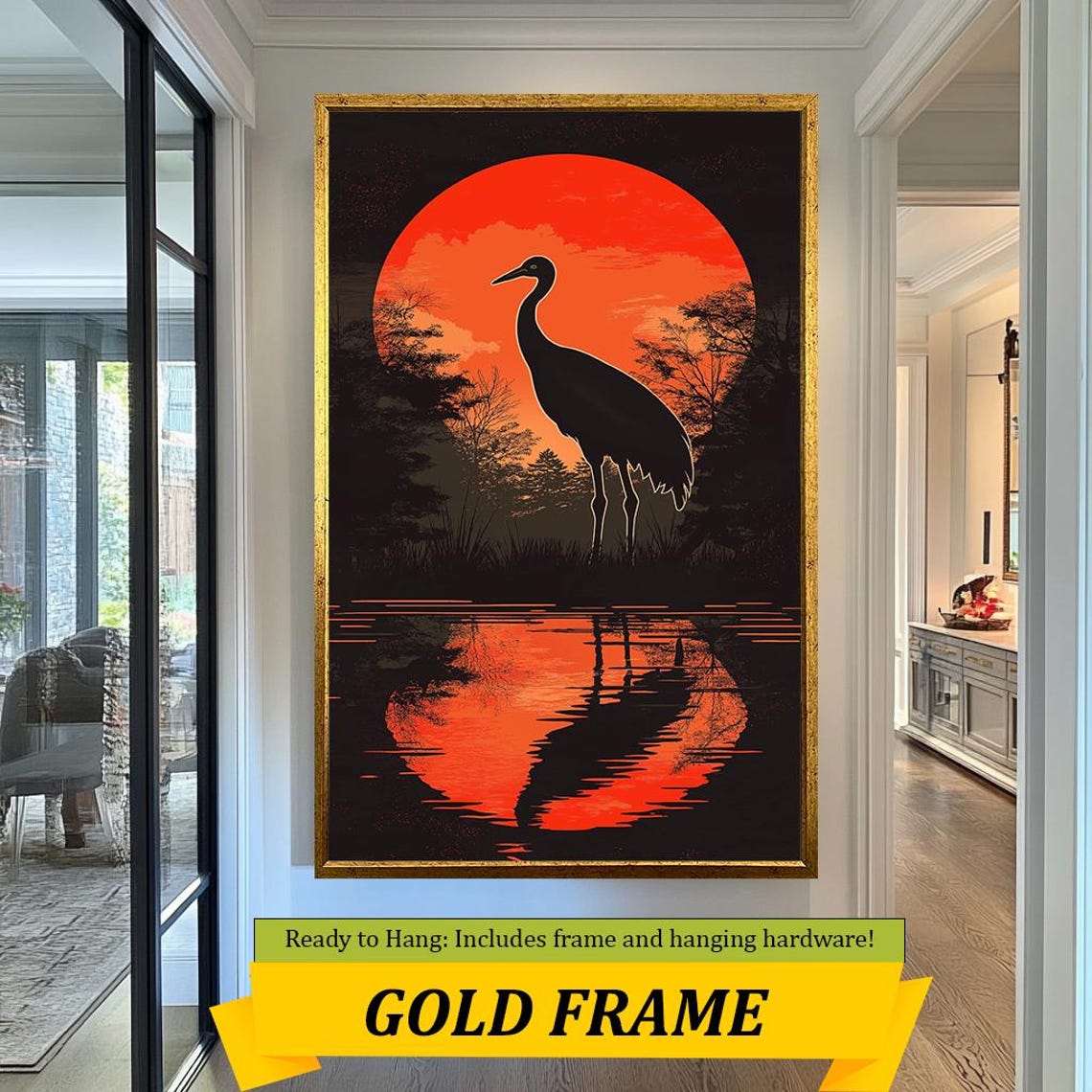 Crane Silhouette Wall Art Bold Sunset Reflection For Nature Lovers - Image 5