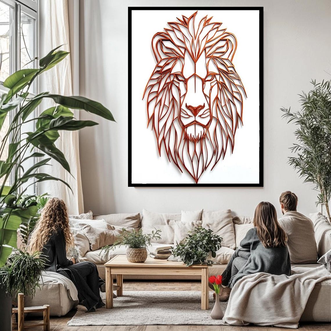 Copper Line Art Lion Head Geometric Modern Minimalist Animal Wall Art - Image 3