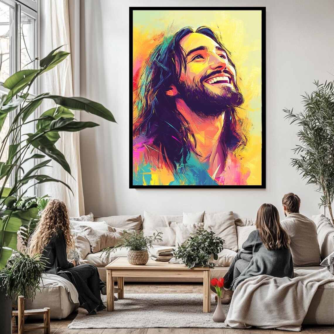 Smiling Jesus Christ Colorful Pop Art Portrait Yellow Pink Modern Poster - Image 3