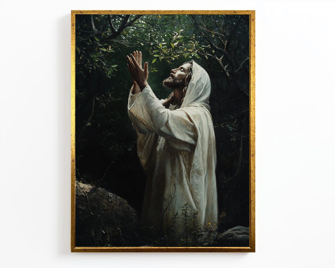 Jesus Praying In Dark Garden Hooded Robe Uplifted Hands Faith Poster - Image 4