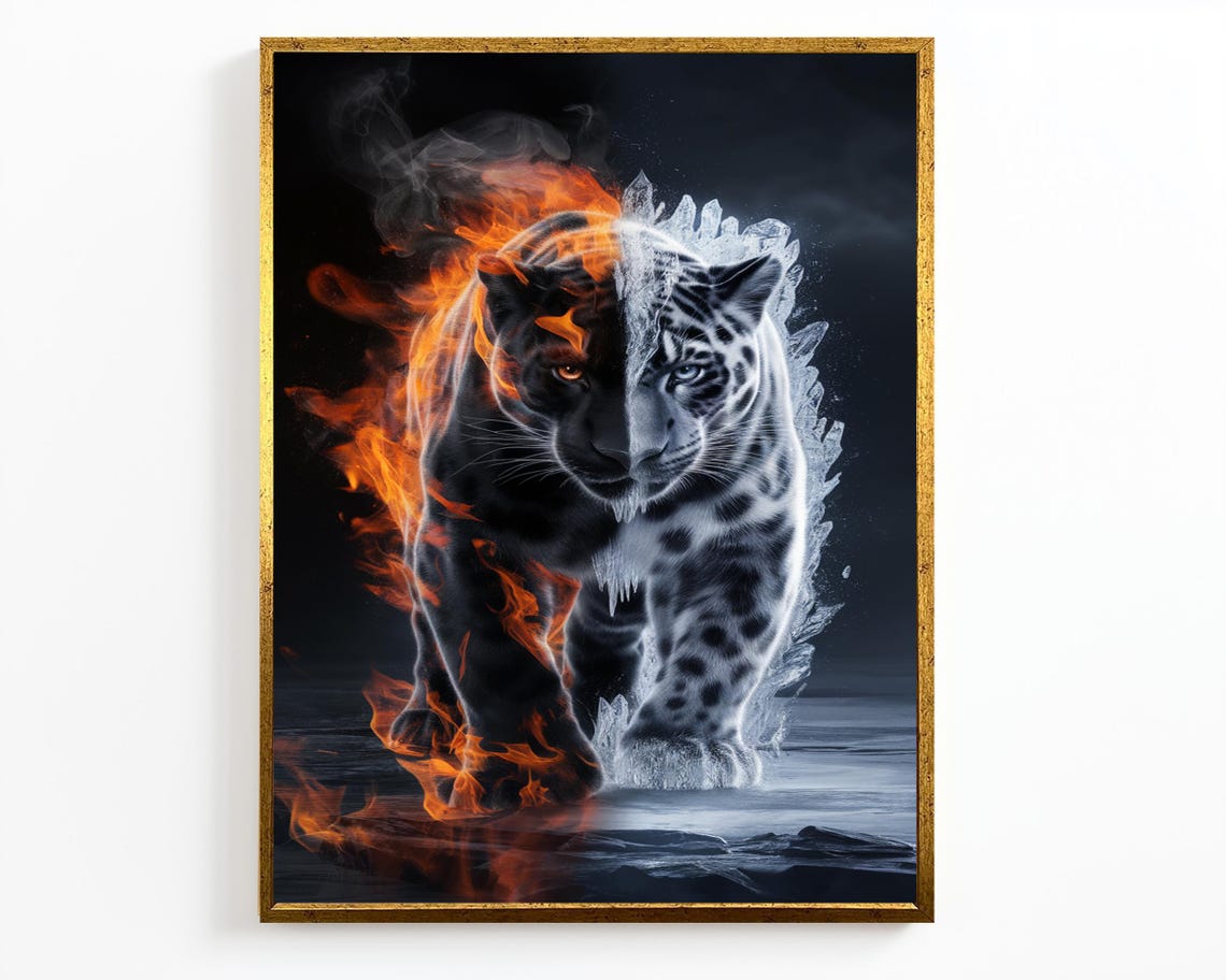 Fire And Ice Tiger Flames Frost Split Dramatic Wildlife Wall Art - Image 4