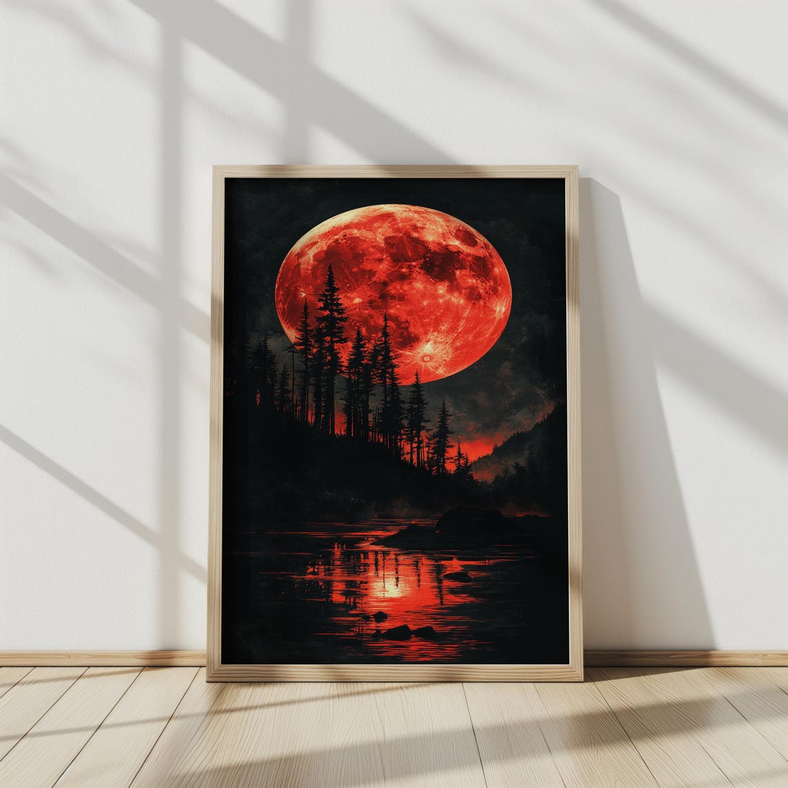 Blood Red Moon Over Pine Forest Lake Night Reflection Gothic Poster - Image 5