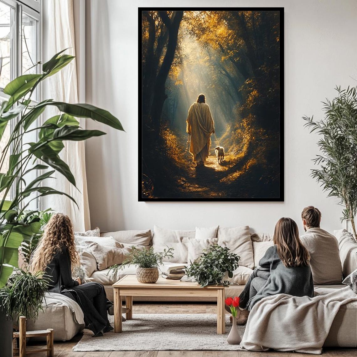 Jesus Christ Walking With Lamb On Sunlit Forest Trail Christian Poster - Image 3