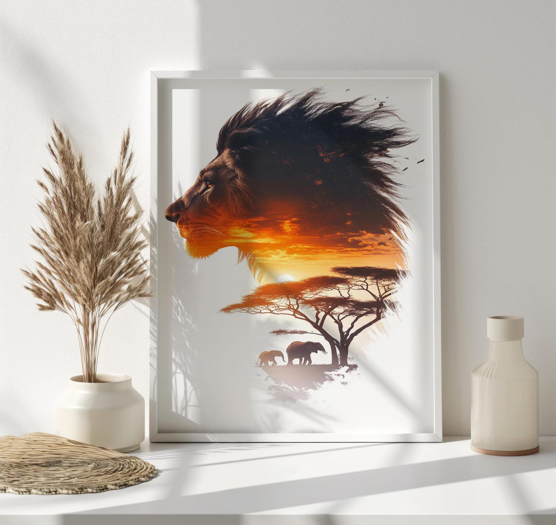 Lion Profile Double Exposure African Savanna Sunset Elephants Wall Art