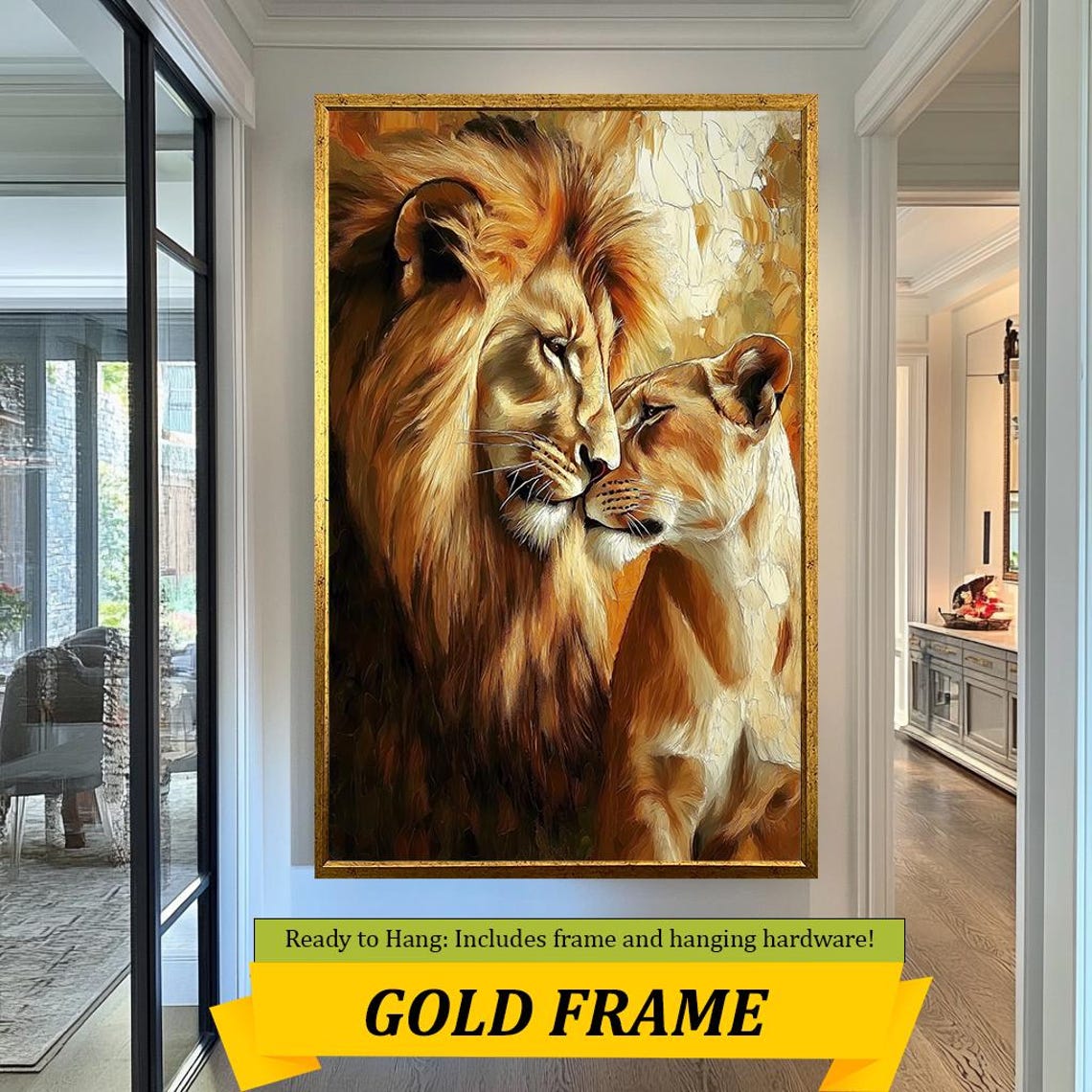 Lion and Lioness Tender Embrace Golden Romantic Wildlife Art Poster - Image 5