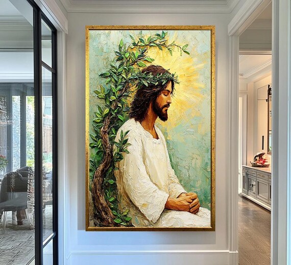 Jesus Praying By Tree Golden Halo Light Peaceful Oil Painting Poster