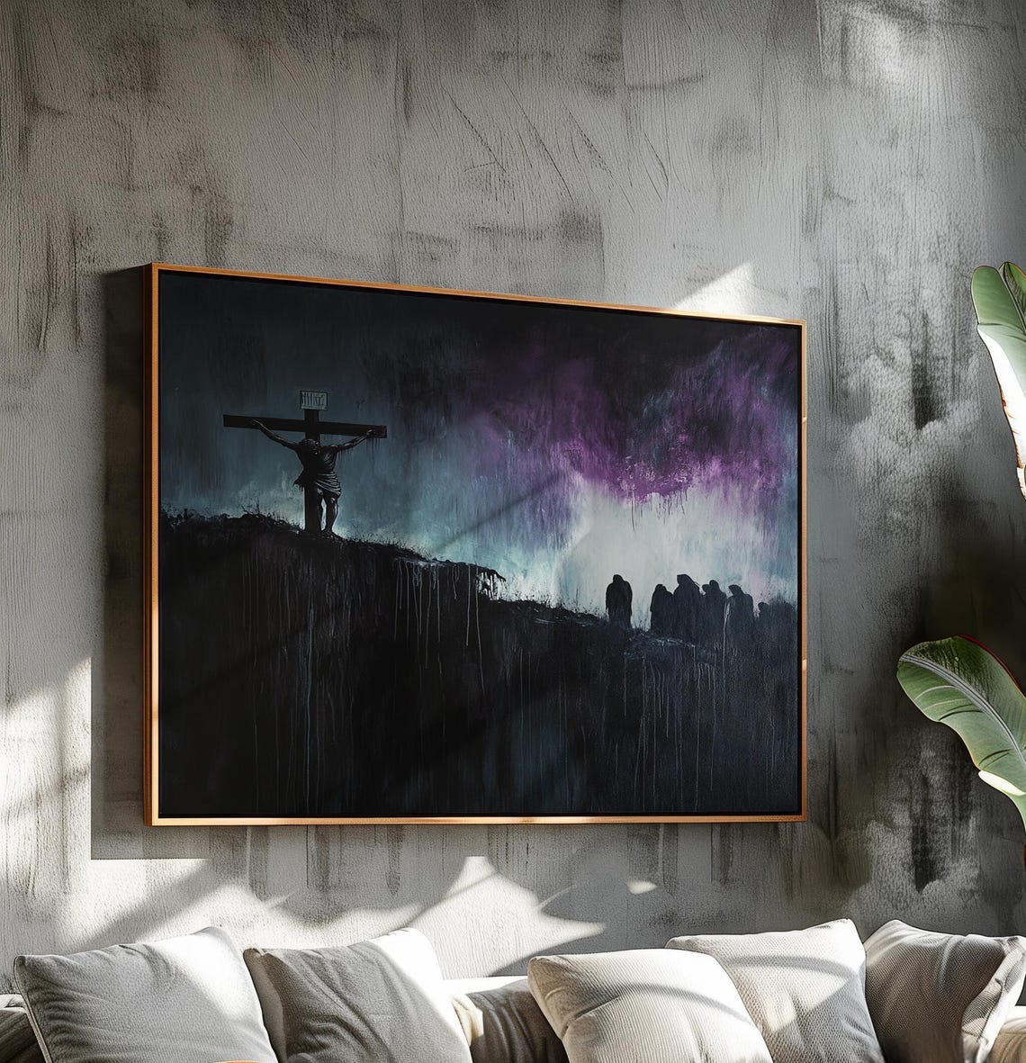Crucifixion Cross Silhouette On Cliff Purple Stormy Sky Art Poster