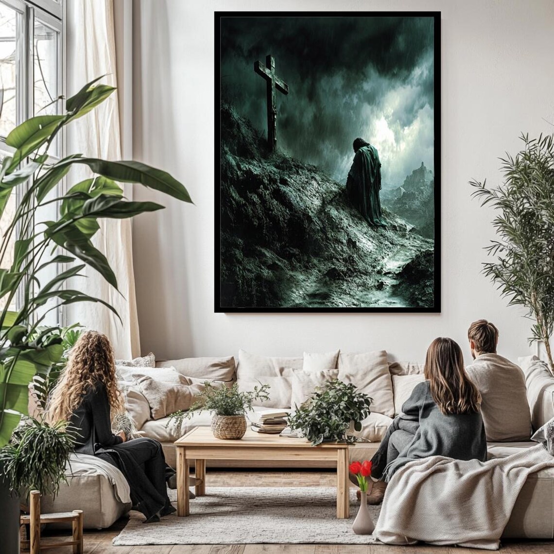 Jesus Approaching The Cross On Stormy Dark Mountain Rock Art Poster - Image 3