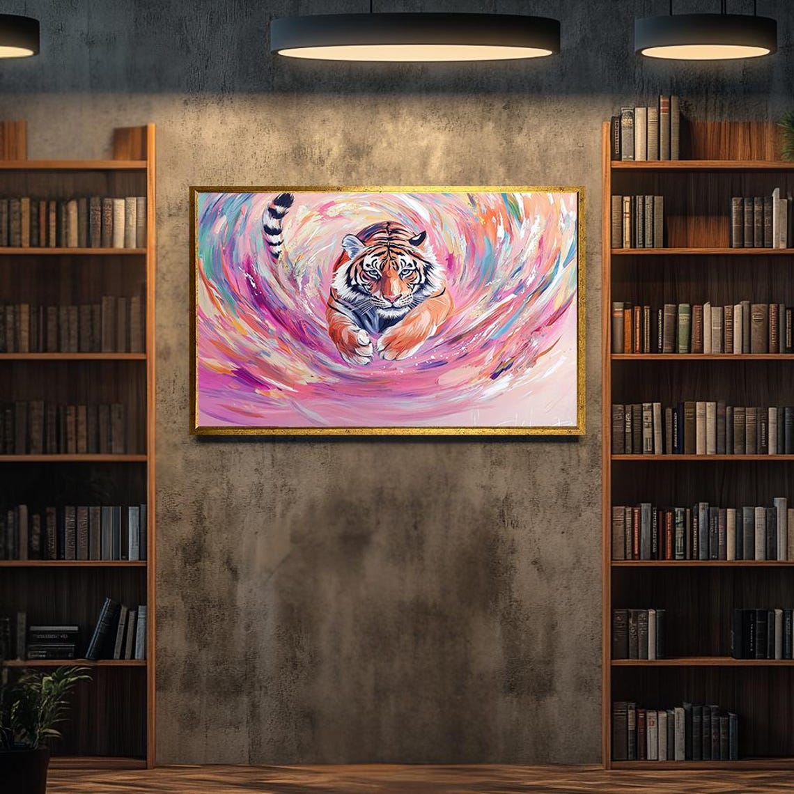 Dynamic Tiger Leaping Pink Vortex Colorful Abstract Wildlife Poster - Image 3
