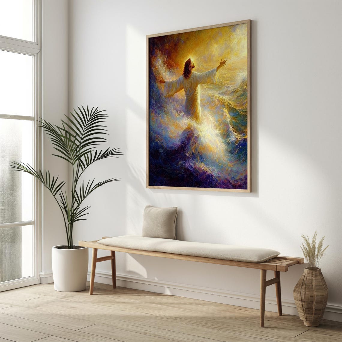 Jesus Walking On Water Colorful Waves Biblical Miracle Art Print - Image 2