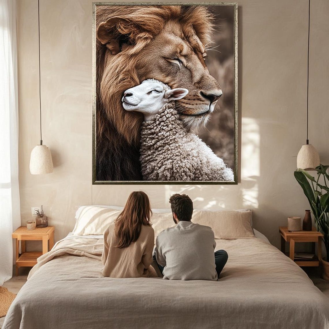 Lion And Lamb Embrace Peaceful Portrait Warm Faith Harmony Wall Art - Image 2