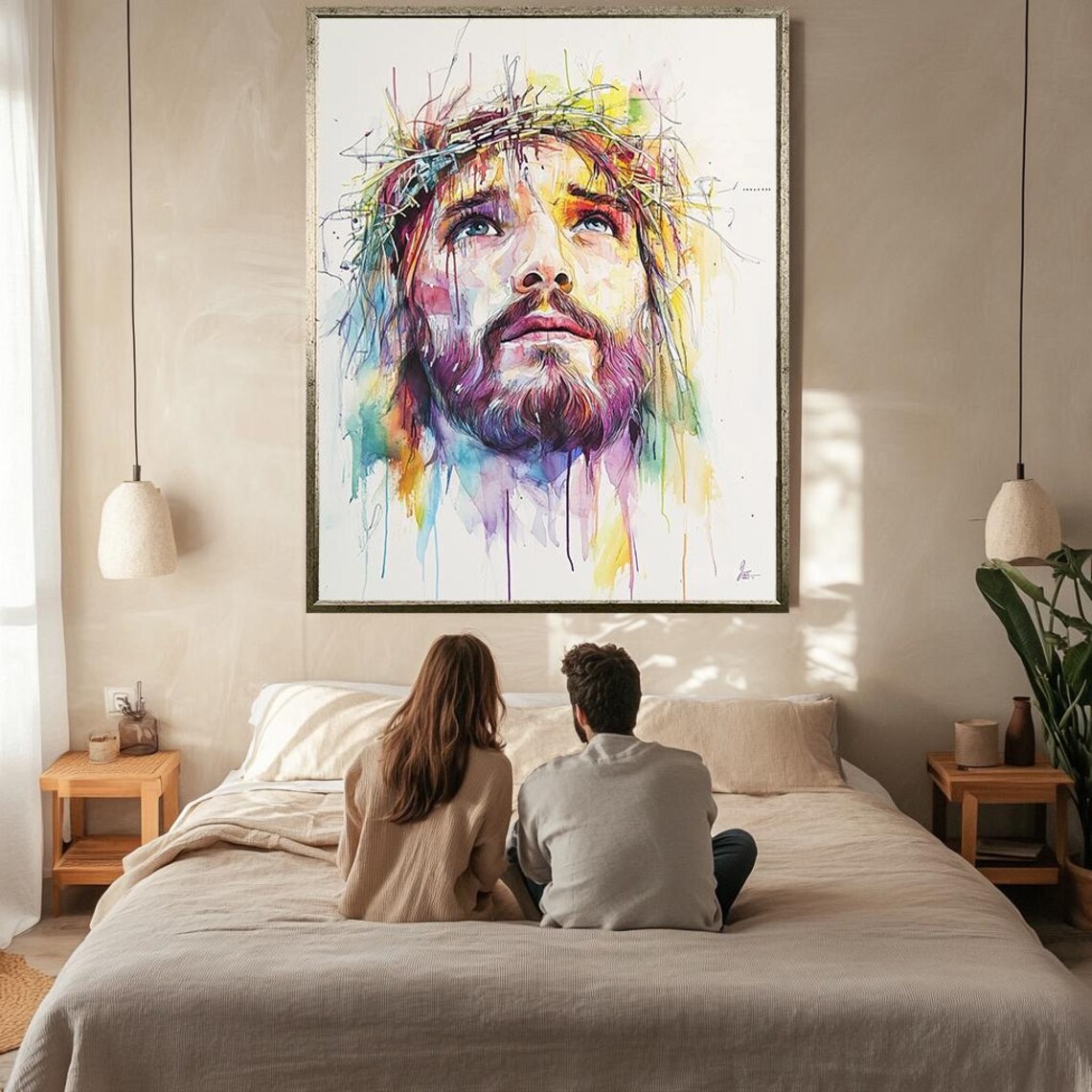 Jesus Wearing Crown Of Thorns Colorful Watercolor Looking Up Poster - Image 2