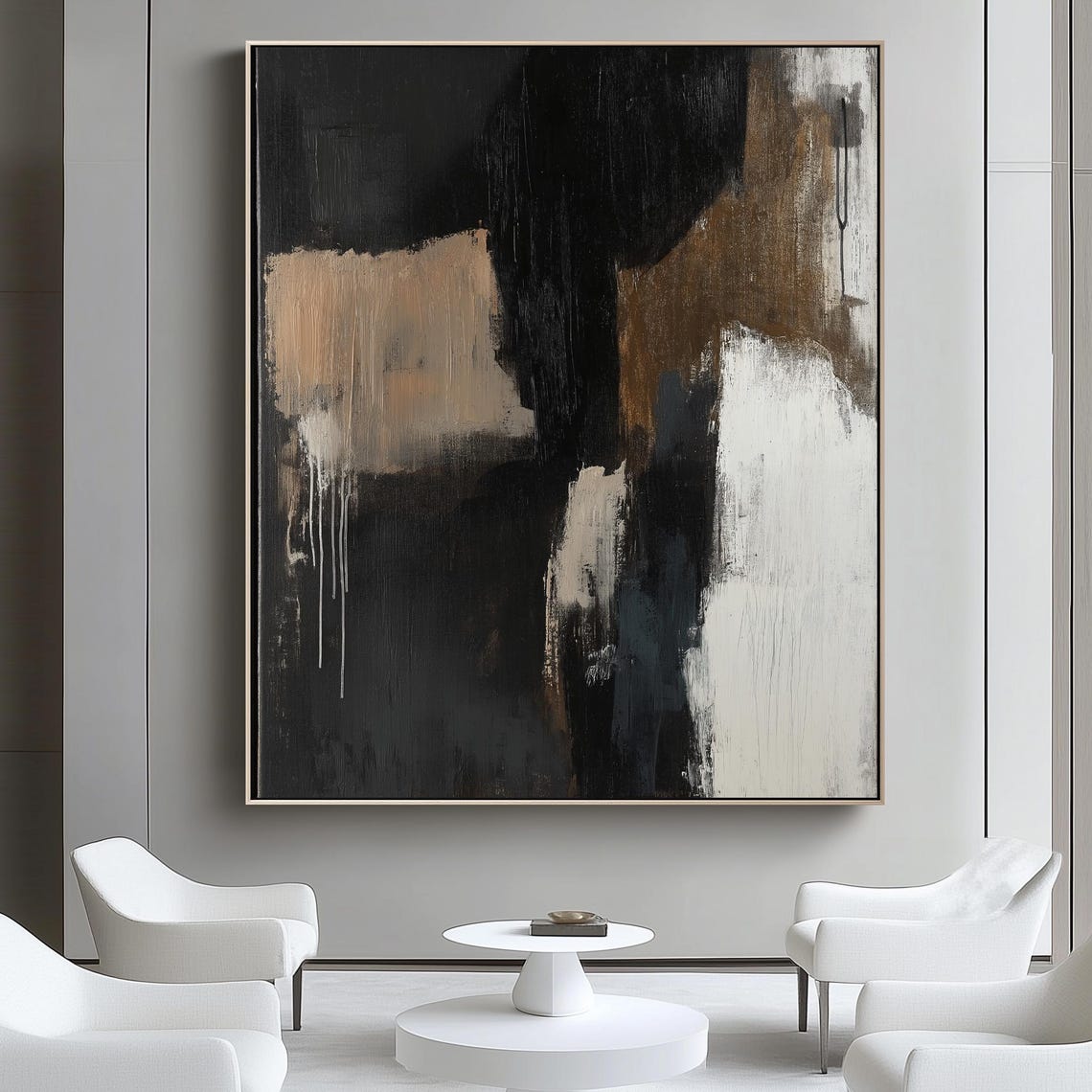 Minimalist Black Beige White Textured Abstract Modern Art Wall Poster - Image 4