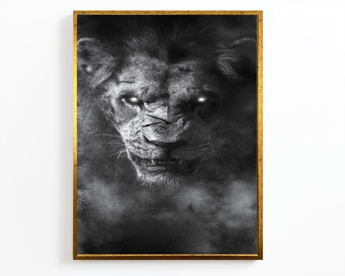 Fierce Black And White Lion Face Close Up Glowing Eyes Smoke Poster - Image 4