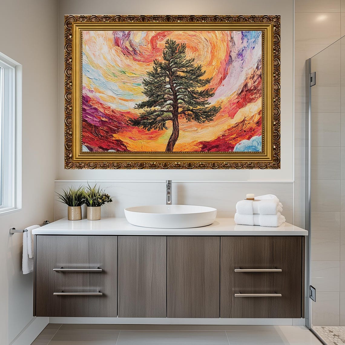 Lone Pine Tree Swirling Sunset Impasto Colorful Nature Art Poster - Image 3