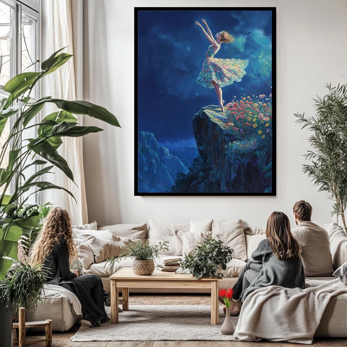 Ballerina Dancing Moonlit Cliff Floral Dress Dreamy Night Art Poster - Image 2