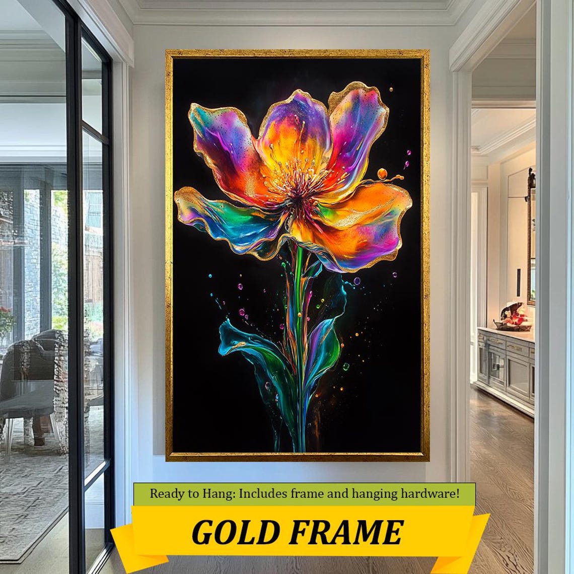 Vibrant Multicolor Flower Ink Art Black Background Bold Floral Poster - Image 5