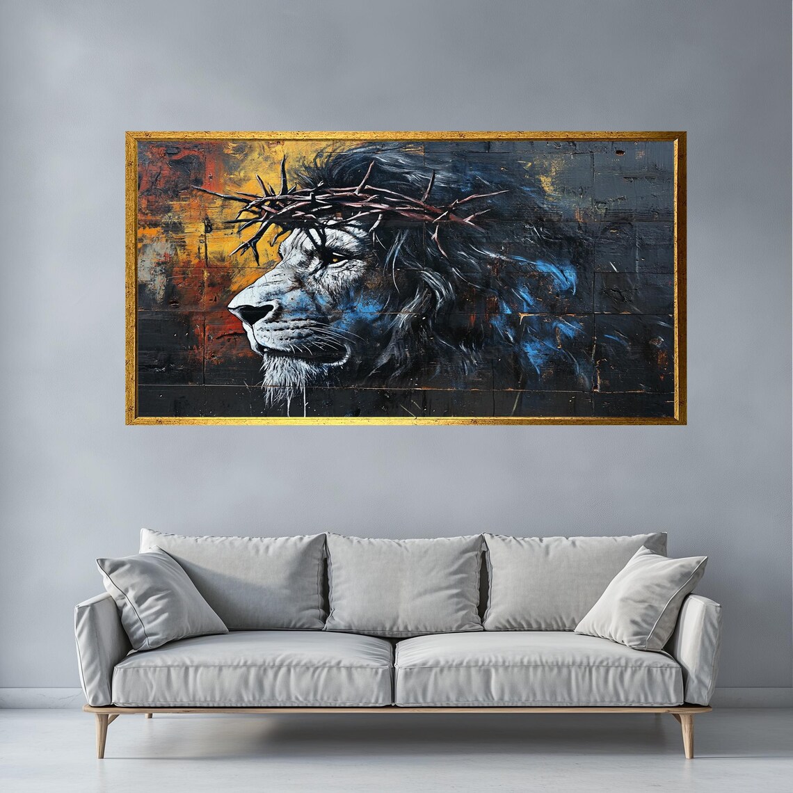 Lion Wall Art Christian Decor Lion With Crown Of Thorns Painting Spiritual Animal Graffiti Mural Religious Street Art Print - Image 2