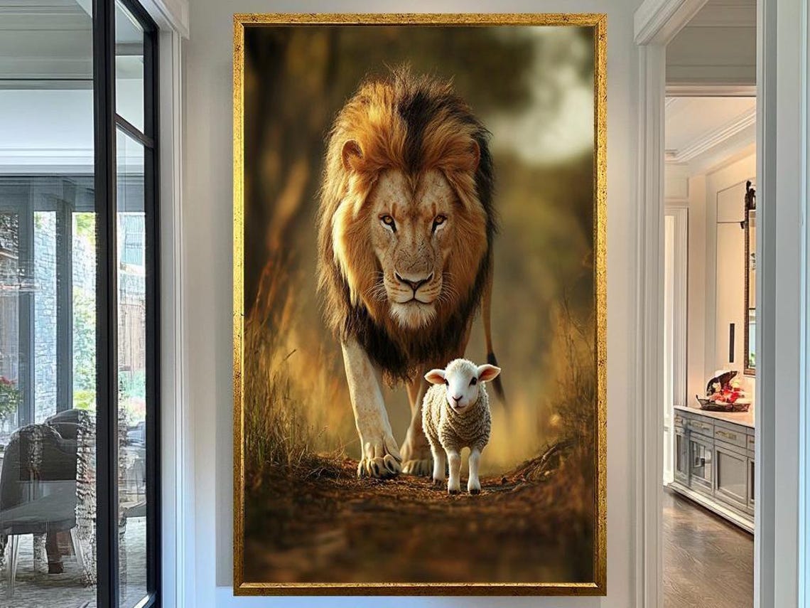Lion And Lamb Walking Golden Savanna Light Framed Faith Artwork Poster