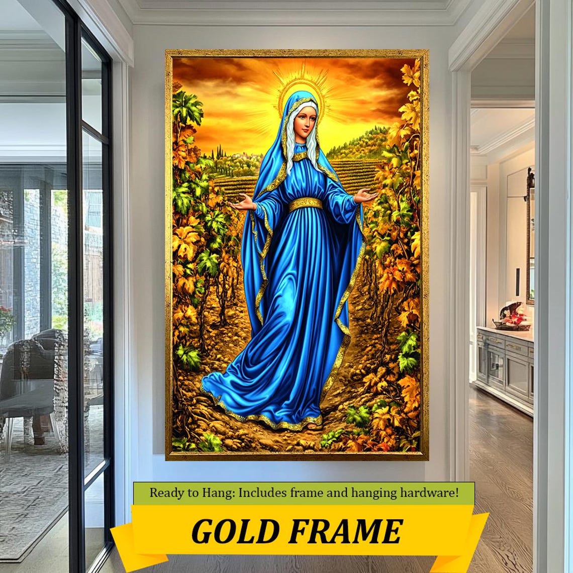 Virgin Mary In Blue Robe Vineyard Sunset Golden Halo Religious Poster - Image 5