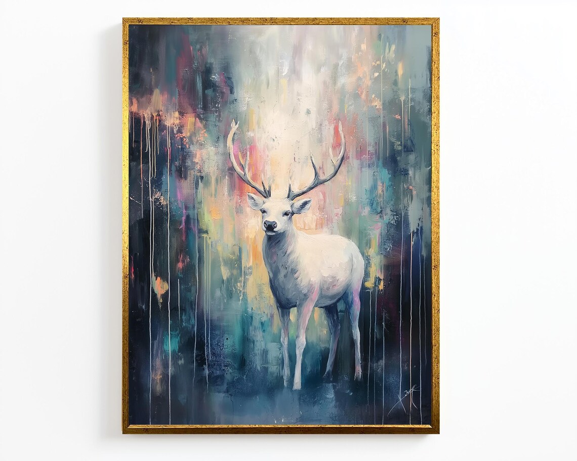 White Stag Deer Abstract Forest Antlers Ethereal Wildlife Art Wall Poster - Image 4