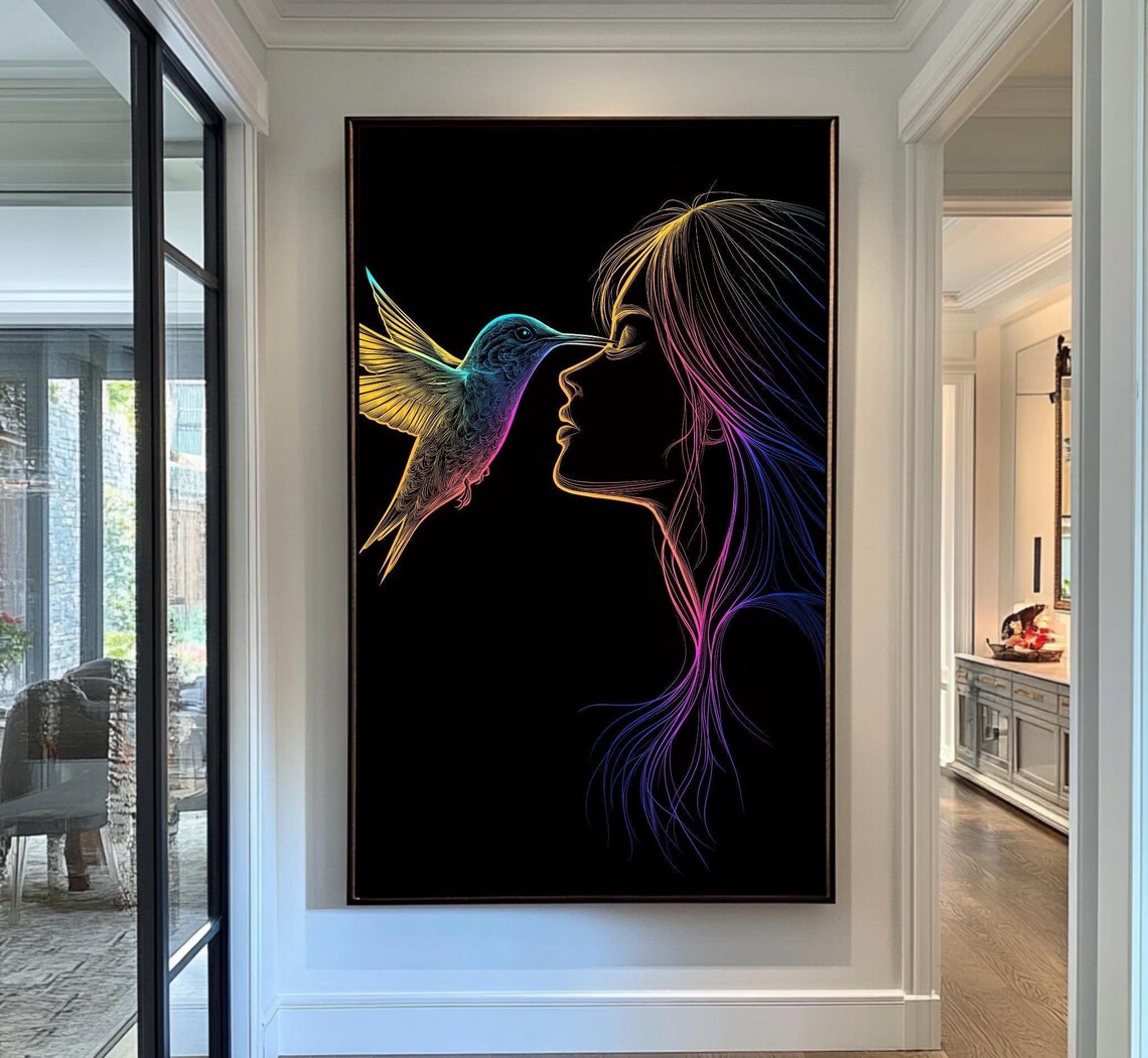 Neon Hummingbird Woman Silhouette Colorful Line Art Black Wall Art - Image 2