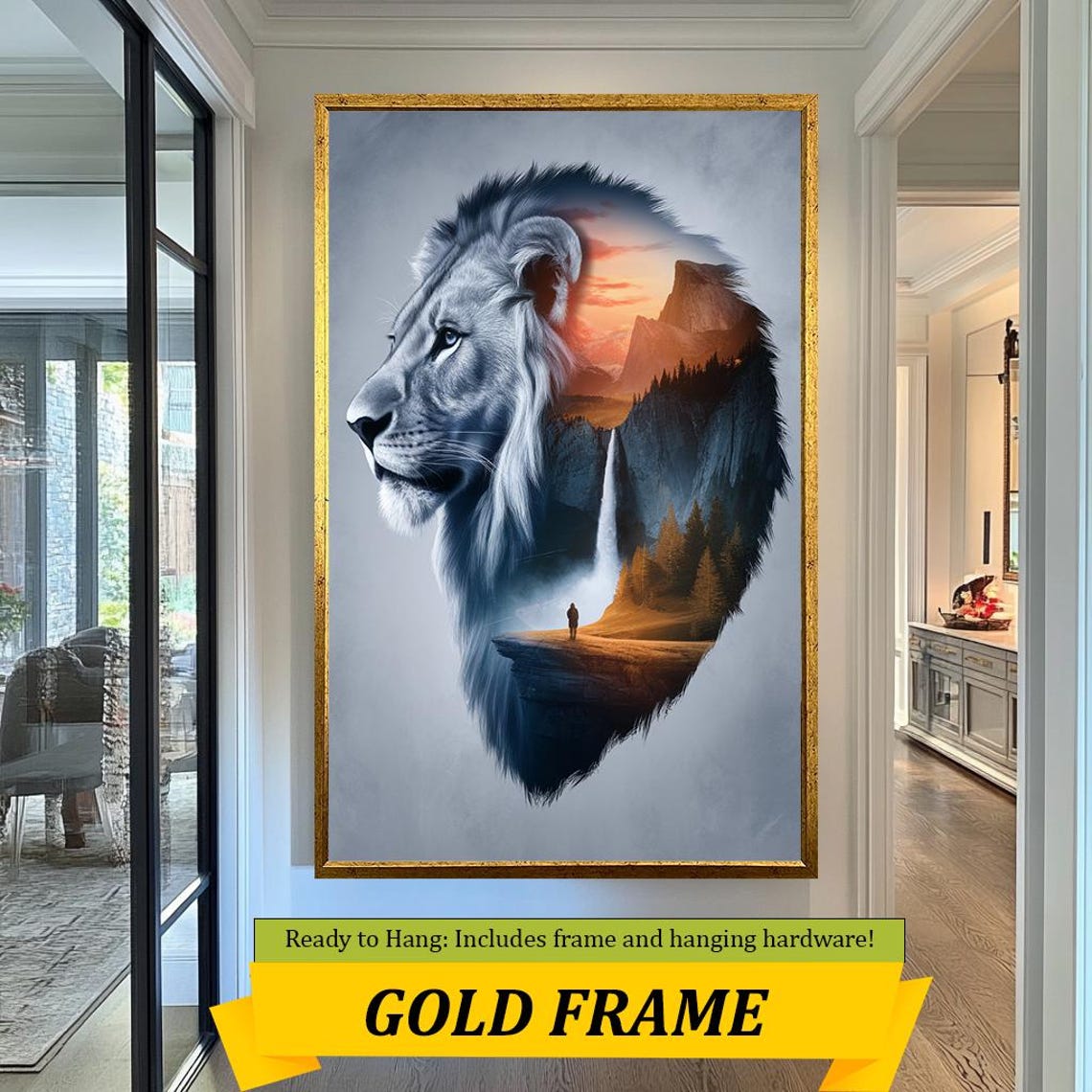 Lion Silhouette Mountain Sunset Waterfall Double Exposure Art Poster - Image 5