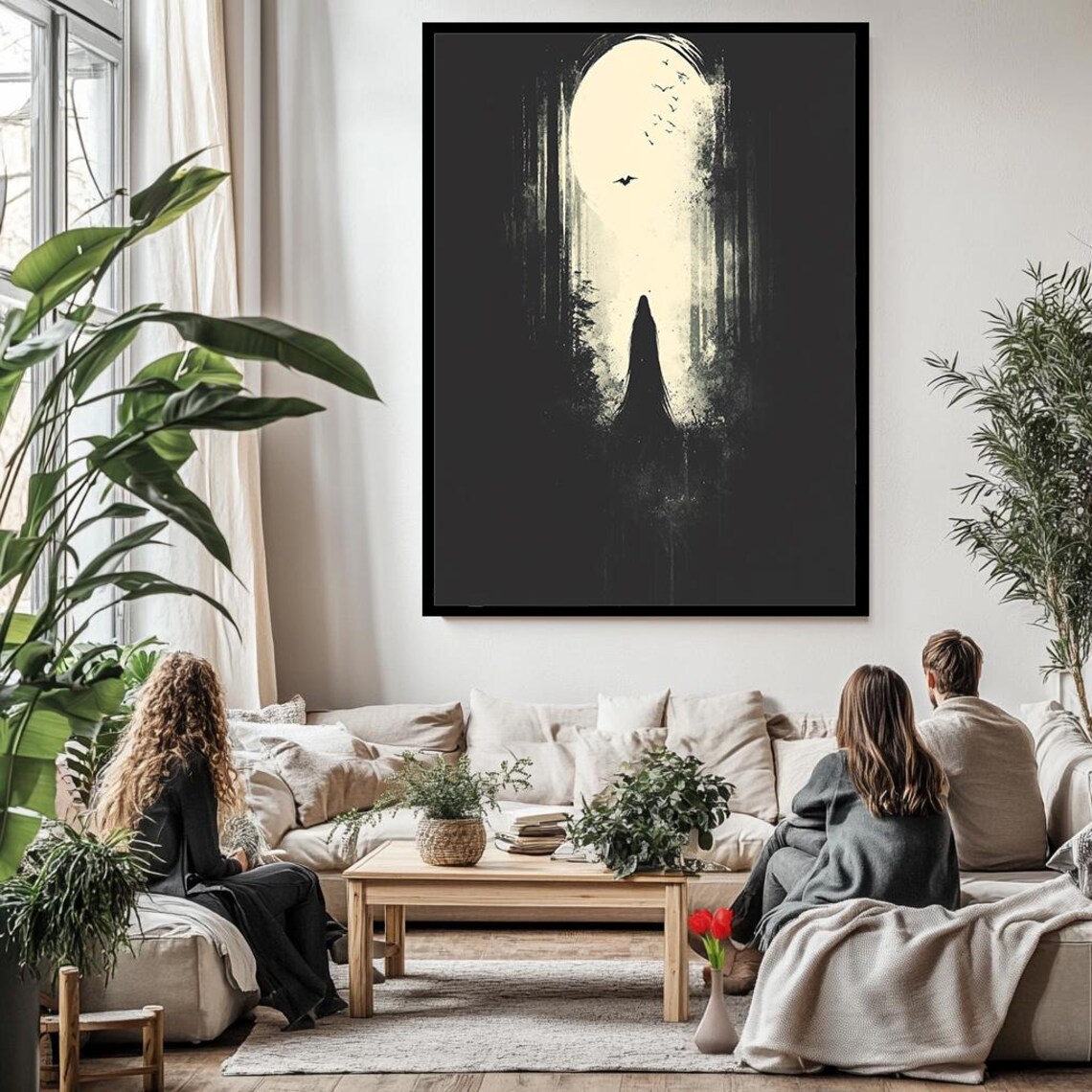 Cloaked Figure Before Glowing Oval Portal Dark Gothic Minimalist Poster - Image 3