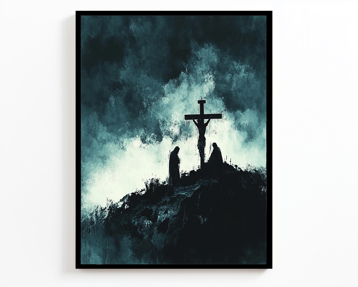 Crucifixion Silhouette Cross Teal Smoke Abstract Spiritual Art Poster - Image 4
