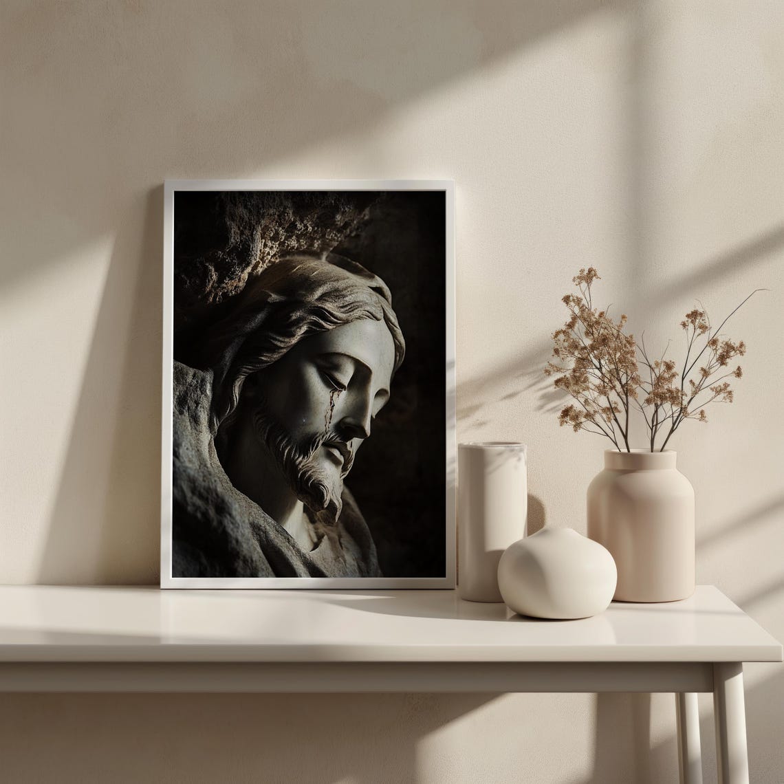 Jesus Christ Weathered Stone Sculpture Face Weeping Close Up Wall Art - Image 3