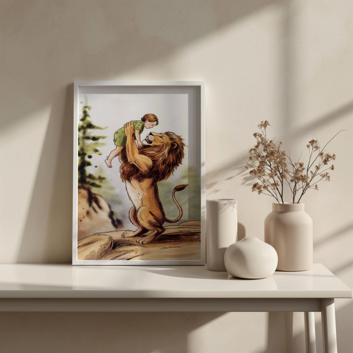 Gentle Lion Lifting Little Boy Storybook Illustration Nursery Wall Art - Image 3